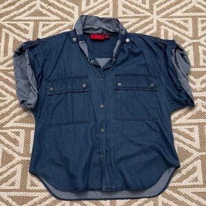 Jennifer Lopez Dark Blue Short-Sleeve Button-Front Utility Shirt